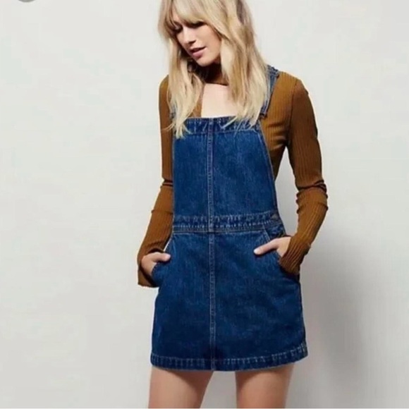 Free People Blue Denim Overall Raw Hem Pocketed Casual Dress Size 26 - Picture 2 of 11